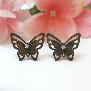 Antiqued Gold & Crystal Butterfly Post Earrings 3D Buttefly Earrings